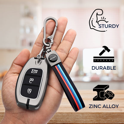 Keycept Metal Alloy Key Cover Compatible with Grand i10 NIOS Asta, Venue, i20, Aura, Creta, Elantra with - 3 Button Smart Key with Keychain