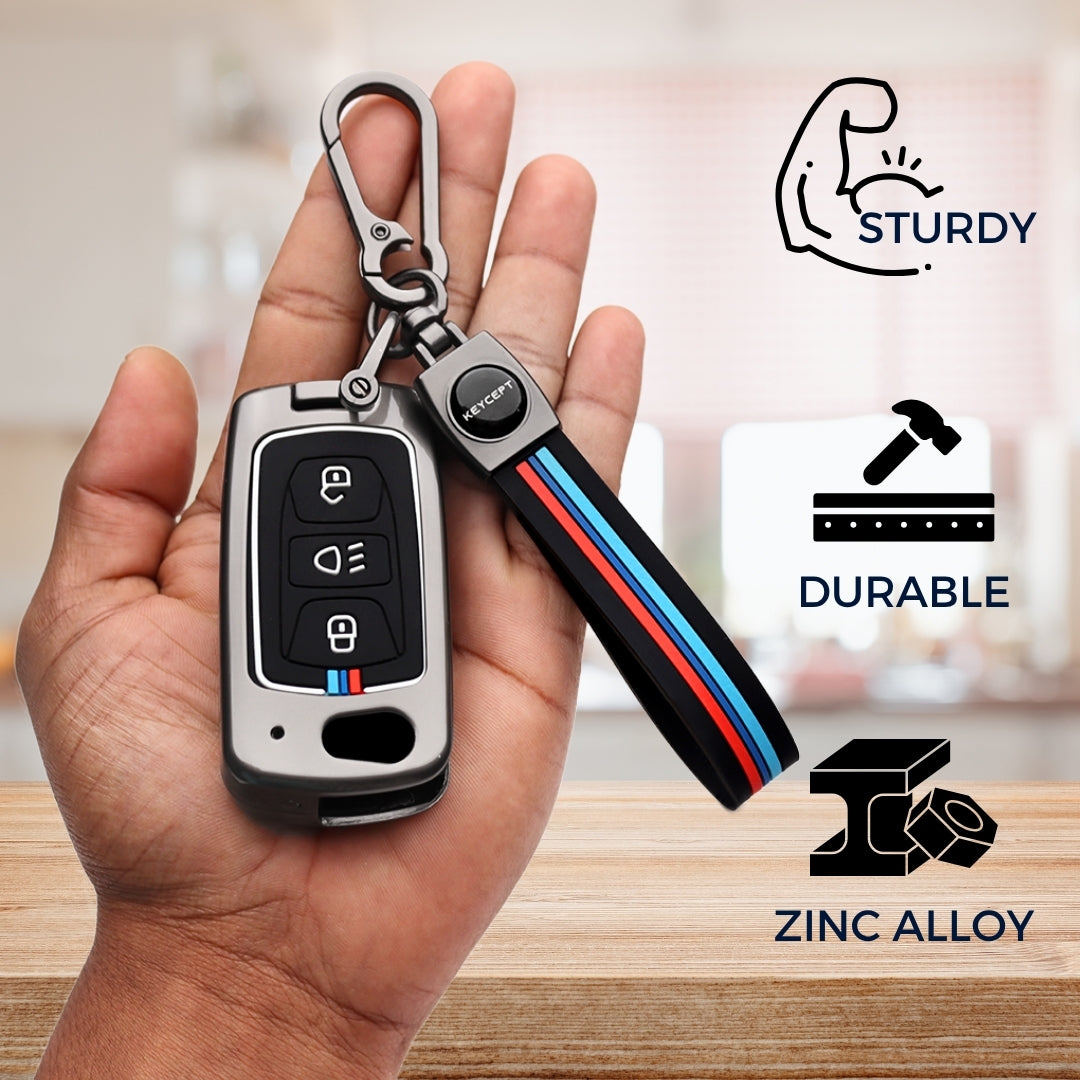 Tata Metal Alloy Key Cover Compatible with Tata Tigor, Bolt, Nexon, Hexa, Zest, Tiago, Punch, Safari, Altroz, Storme - 3 Button Flip Key Cover with Keychain