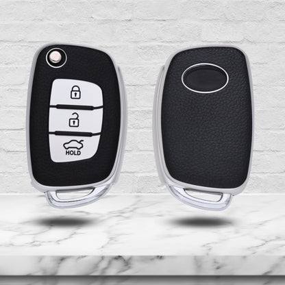 TPU Leather Key Cover For Hyundai Creta, Venue, Aura, i20, Grand i10 Nios, Xcent 3 Button Flip Key With Keychain.