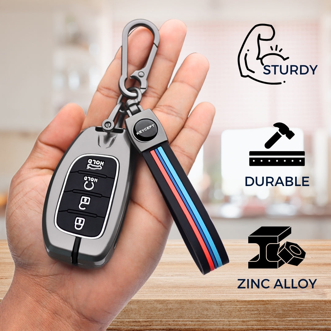 Keycept Metal Alloy Key Cover Compatible with Hyundai Alcazar, Creta, Tucson - 4 Button Smart Key Cover with Keychain