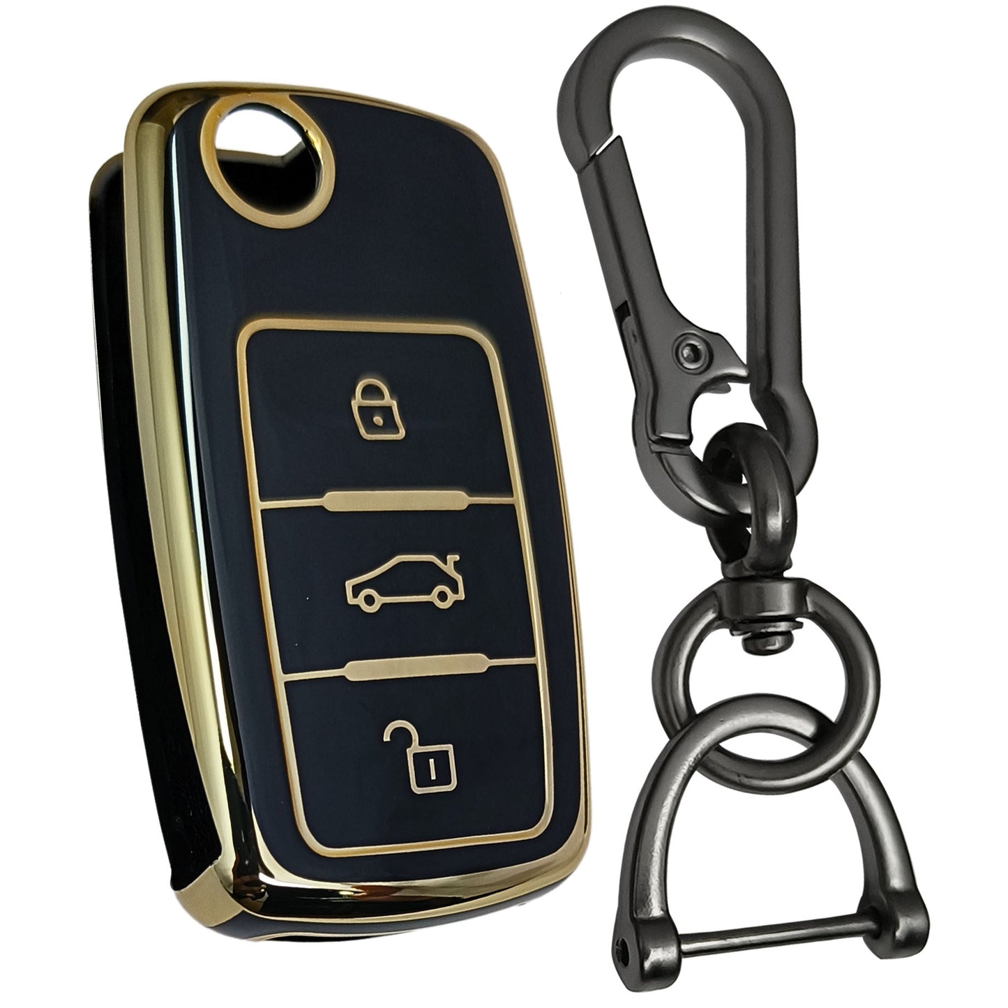 skoda octavia laura fabia 3 button flip key tpu  black gold key cover case accessories keychain