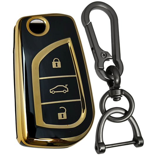 toyota corolla innova crysta 3 button flip tpu black gold key cover case accessories keychain