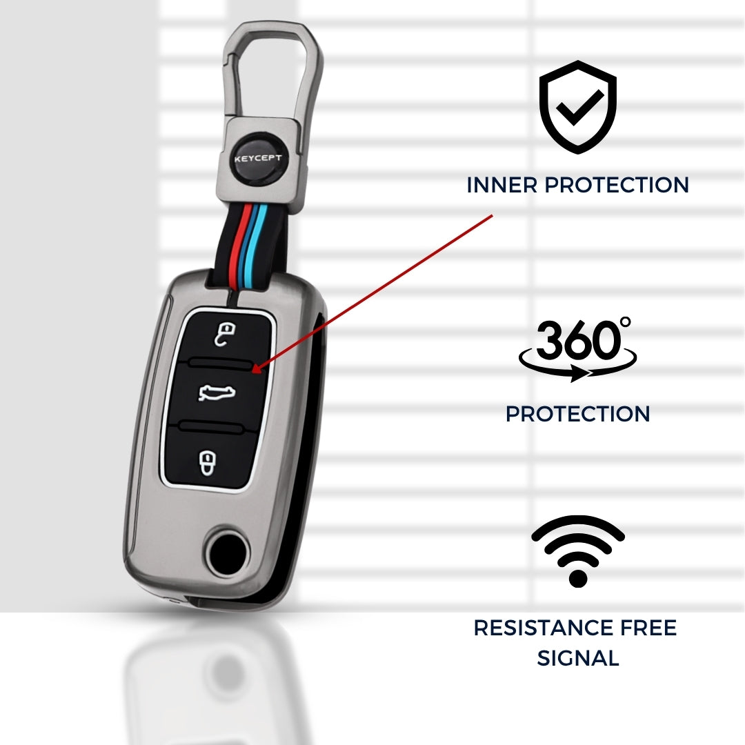 Keycept Metal Alloy Car Key Cover for Skoda/ Volkswagen Polo, Vento, Jetta, Ameo, Passat, Rapid Laura Superb Octavia, Fabia, Yeti 3 button Flip key  Cover with Keychain (Dual Black & Tan)