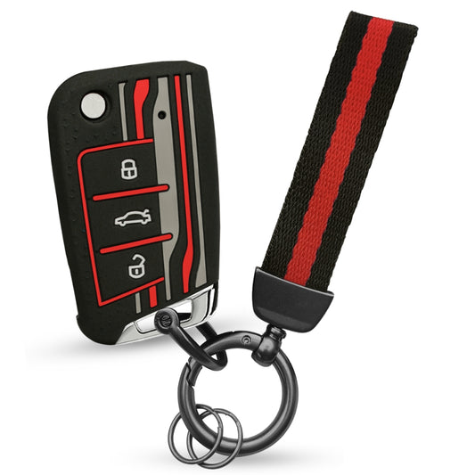 Keycept Tristar Silicone Car Key Cover for Skoda Kushaq, Octavia, Kodiaq, Superb, Slavia, Passat, Virtus, T Roc 3 Button Flip Key with Keychain (Type K7)