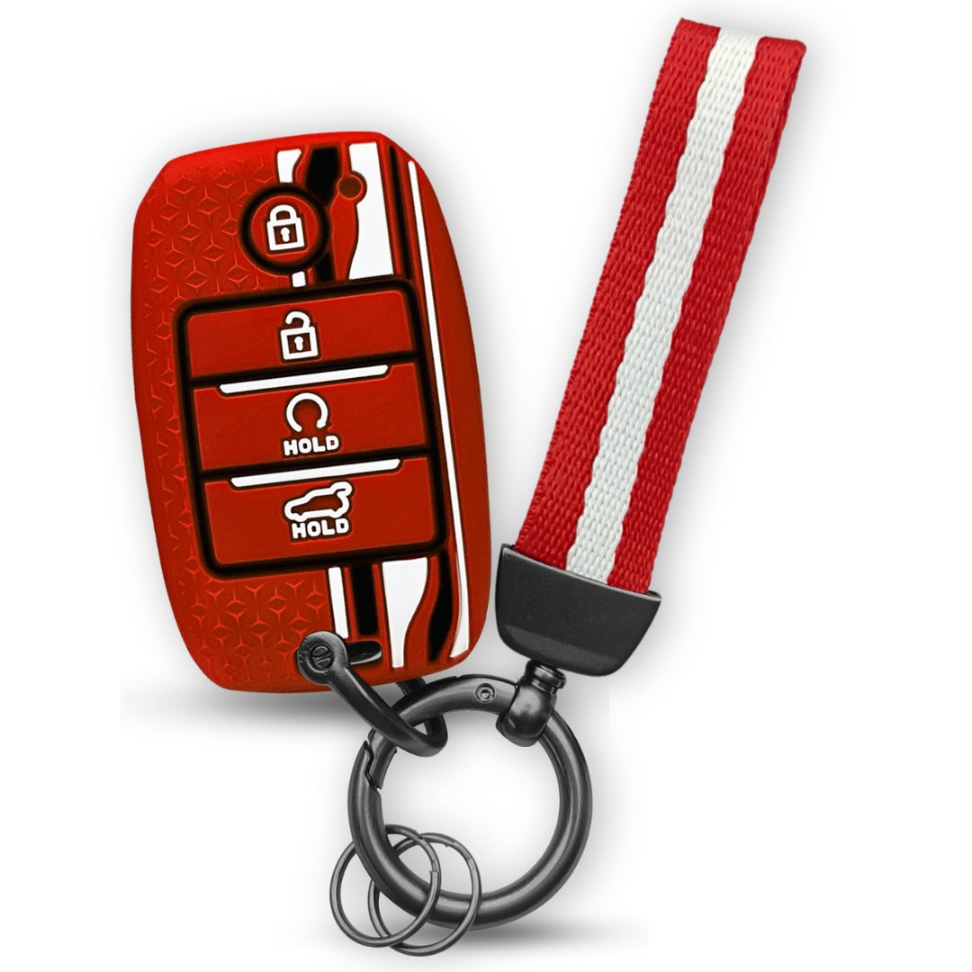 Red TriStar Silicone Key Cover for Kia Seltos 4 Button smart key with Keychain