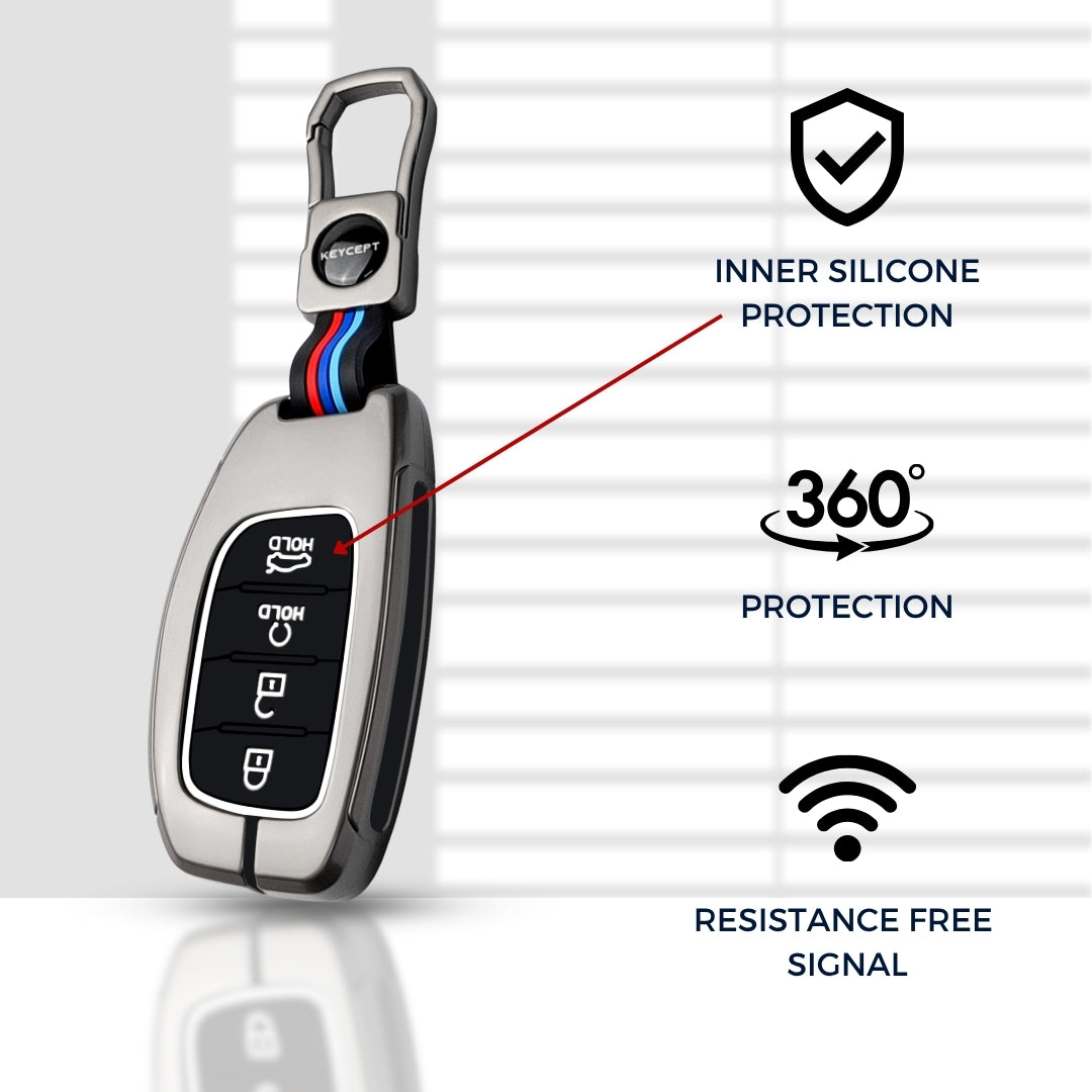 Keycept Metal Alloy Car Key Cover for Hyundai Alcazar, Creta, Tucson - 4 Button Smart Key with Keychain (Dual Black & Tan)