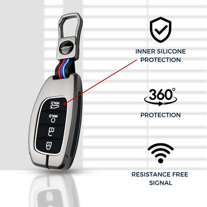 Keycept Metal Alloy Car Key Cover for Hyundai Alcazar, Creta, Tucson - 4 Button Smart Key with Keychain (Dual Black & Tan)