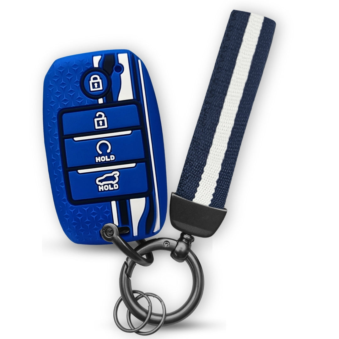 Blue TriStar Silicone Key Cover for Kia Seltos 4 Button smart key with Keychain