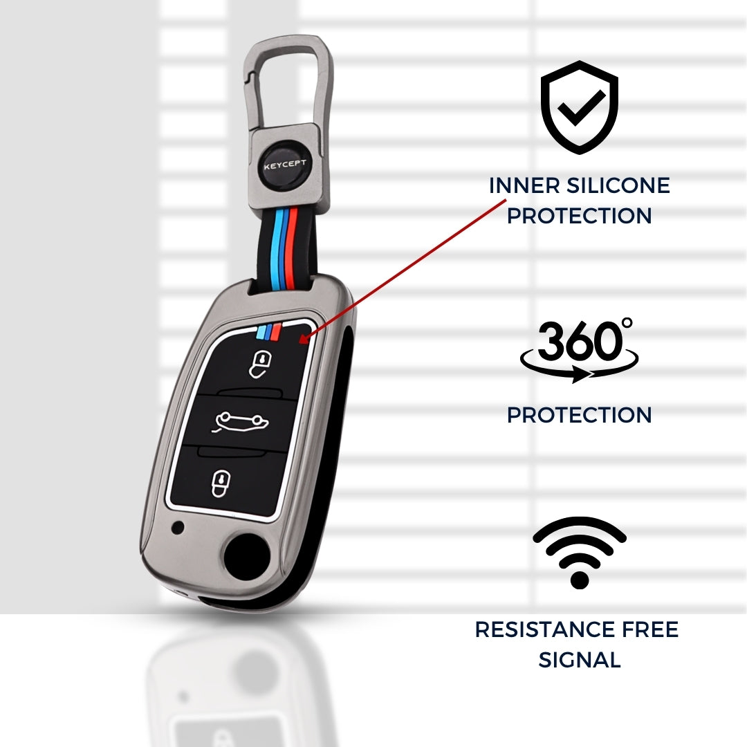 Keycept Metal Alloy Car Key Cover for Universal B11 DS aftermarket remote Key Cover with Keychain (Dual Black & Tan)