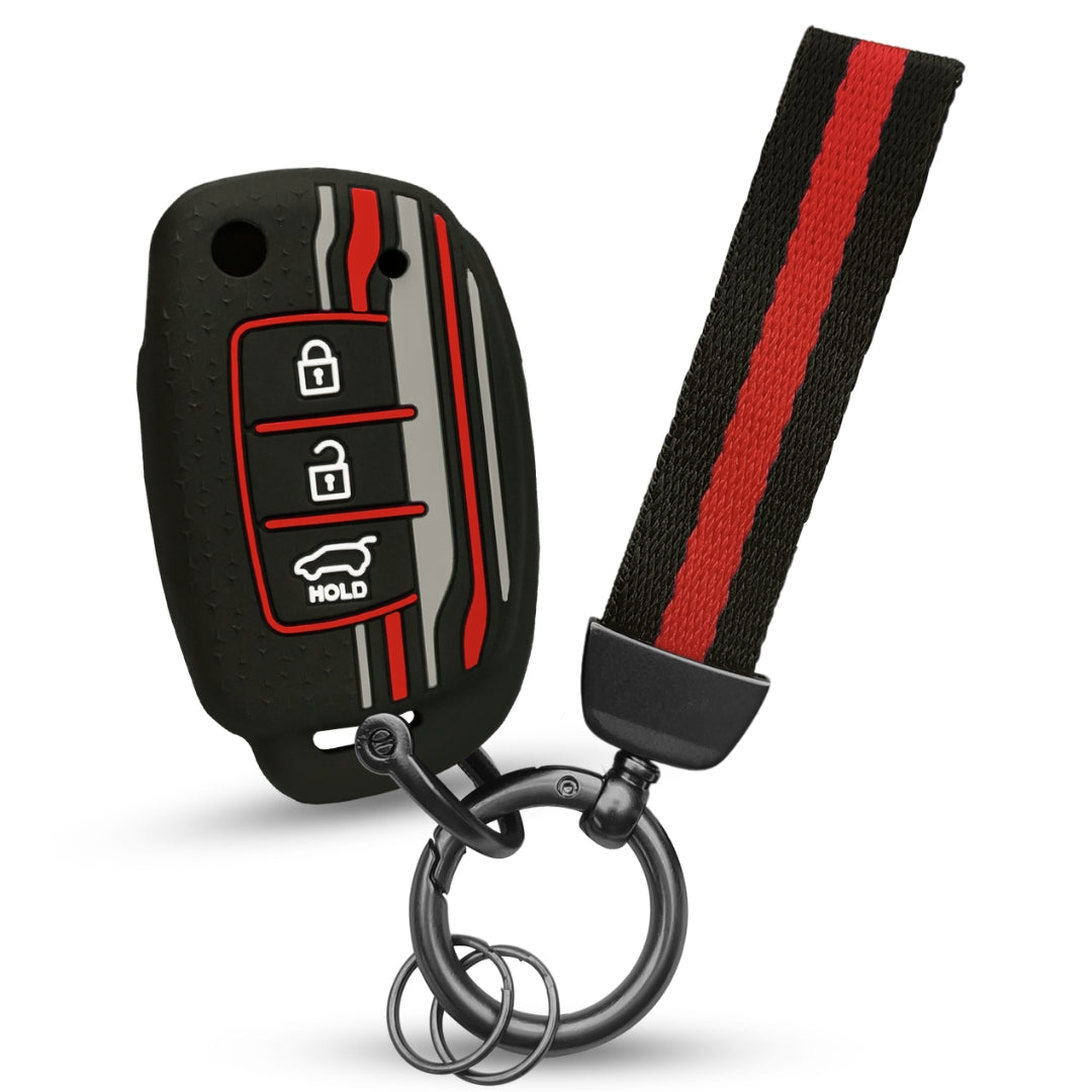 Keycept Tristar Silicone Car Key Cover for Hyundai Creta, Venue, Aura, i20, Grand i10 Nios, Xcent 3 Button Flip Key with Keychain (Type K7)