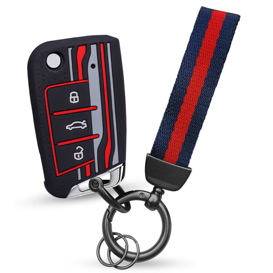 Keycept Tristar Silicone Car Key Cover for Skoda Kushaq, Octavia, Kodiaq, Superb, Slavia, Passat, Virtus, T Roc 3 Button Flip Key with Keychain (Type K7)