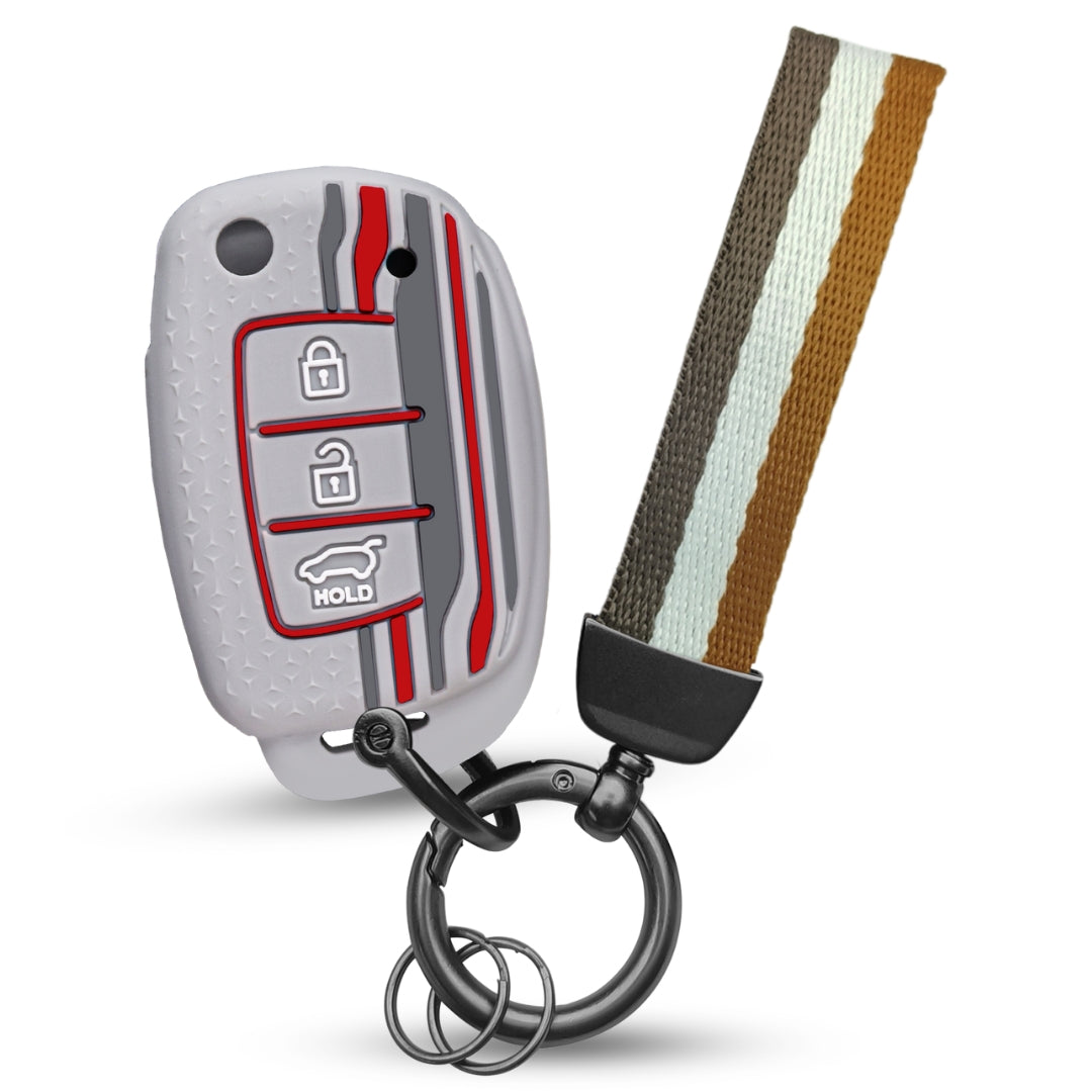 Keycept Tristar Silicone Car Key Cover for Hyundai Creta, Venue, Aura, i20, Grand i10 Nios, Xcent 3 Button Flip Key with Keychain (Type K7)