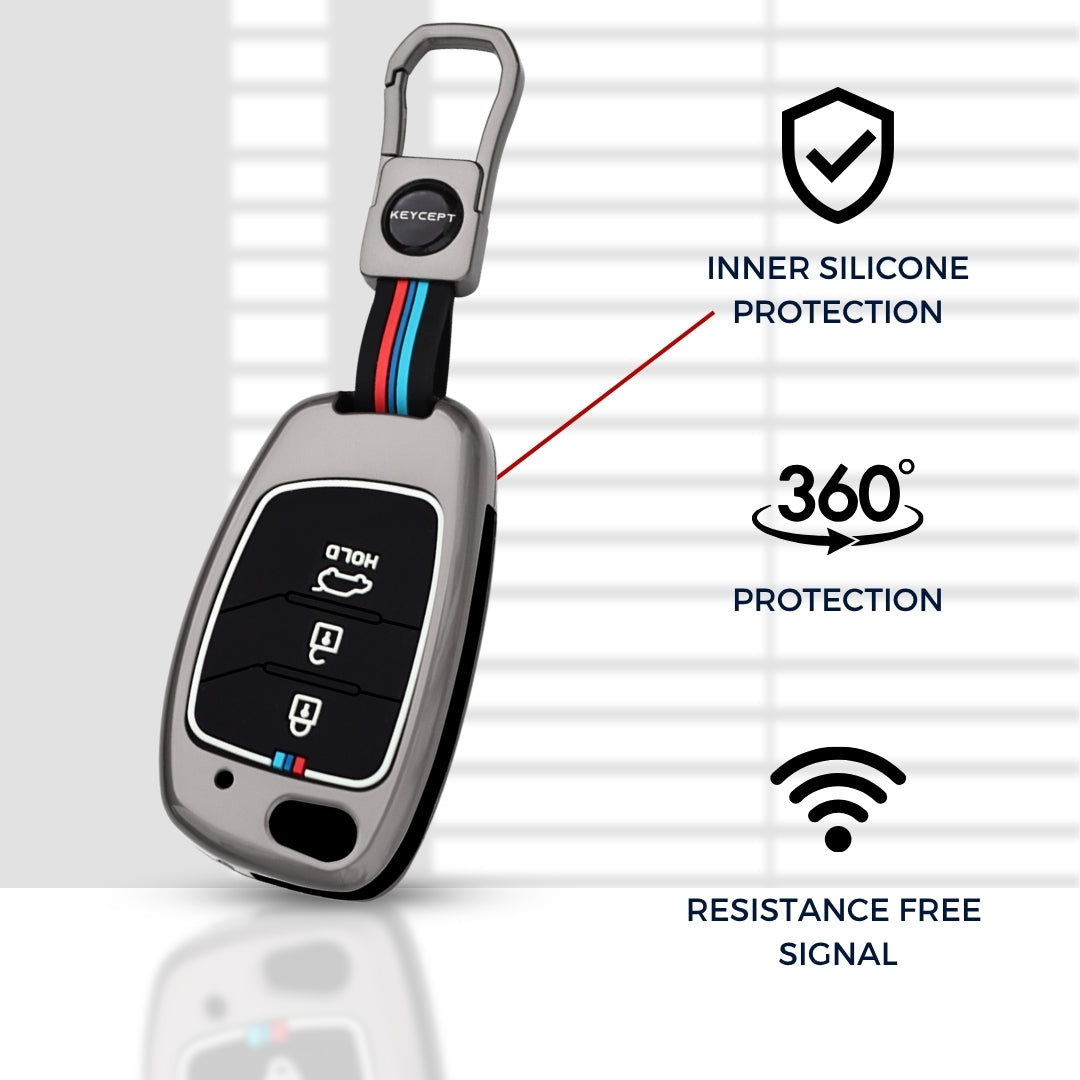 Keycept Metal Alloy Car Key Cover for Hyundai Creta, Venue, Aura, i20, Grand i10 Nios, Xcent Key Cover with Keychain (Dual Black & Tan)