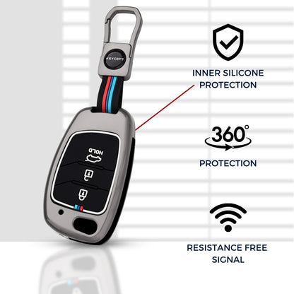 Keycept Metal Alloy Car Key Cover for Hyundai Creta, Venue, Aura, i20, Grand i10 Nios, Xcent Key Cover with Keychain (Dual Black & Tan)