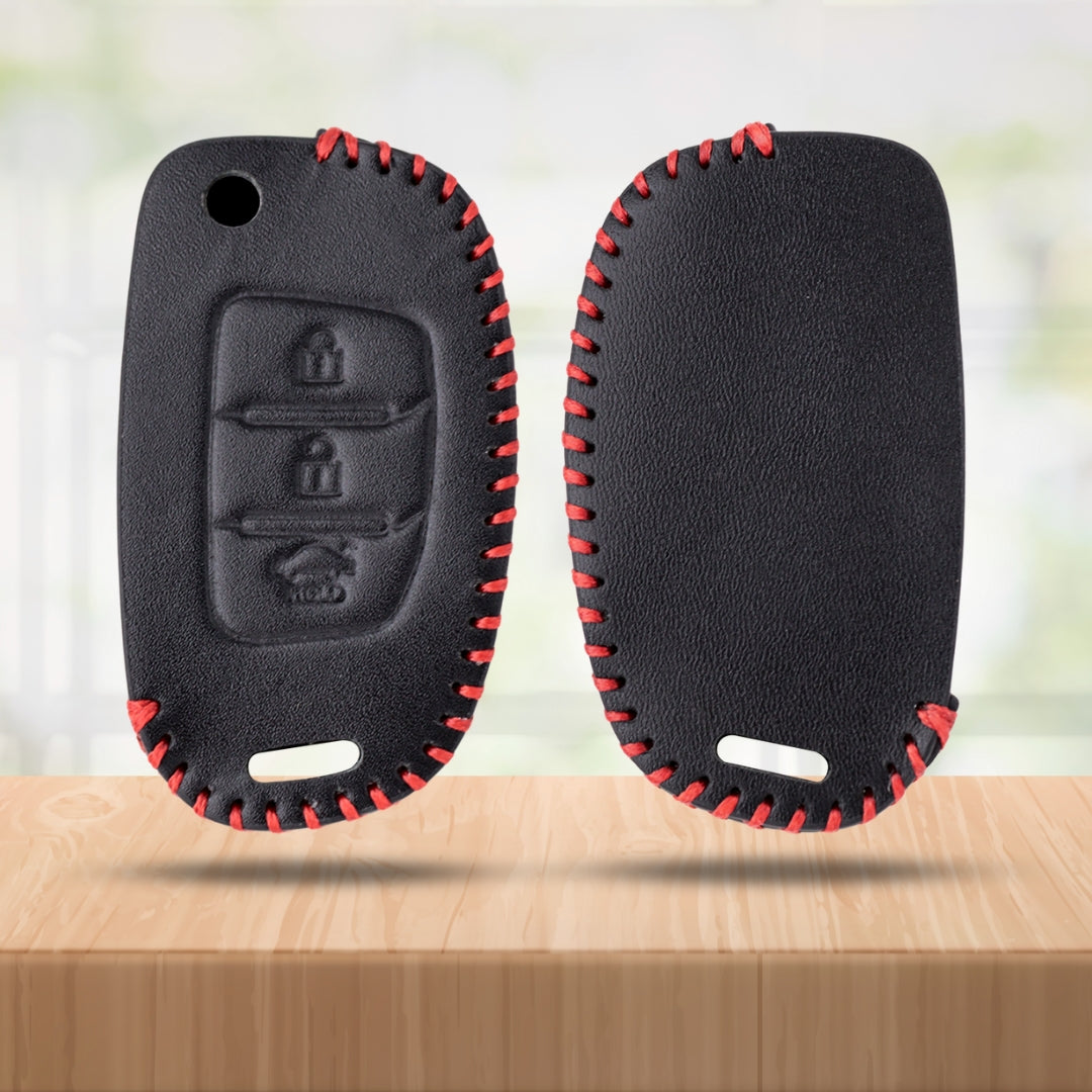 keycept leather key cover for Creta, Venue, Aura, i20, Grand i10 Nios, Xcent 3 button smart key With Keychain.