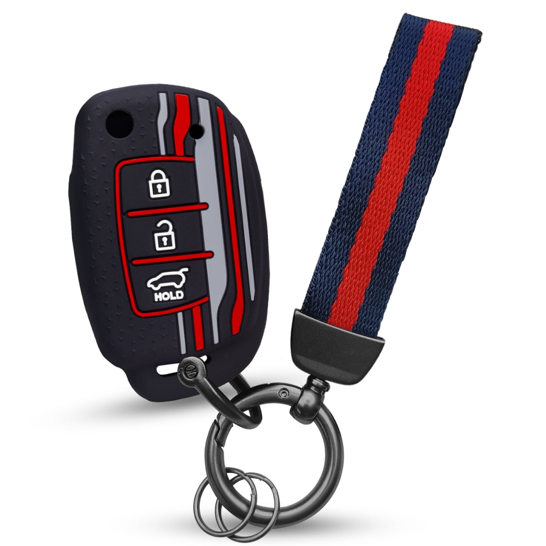 Keycept Tristar Silicone Car Key Cover for Hyundai Creta, Venue, Aura, i20, Grand i10 Nios, Xcent 3 Button Flip Key with Keychain (Type K7)