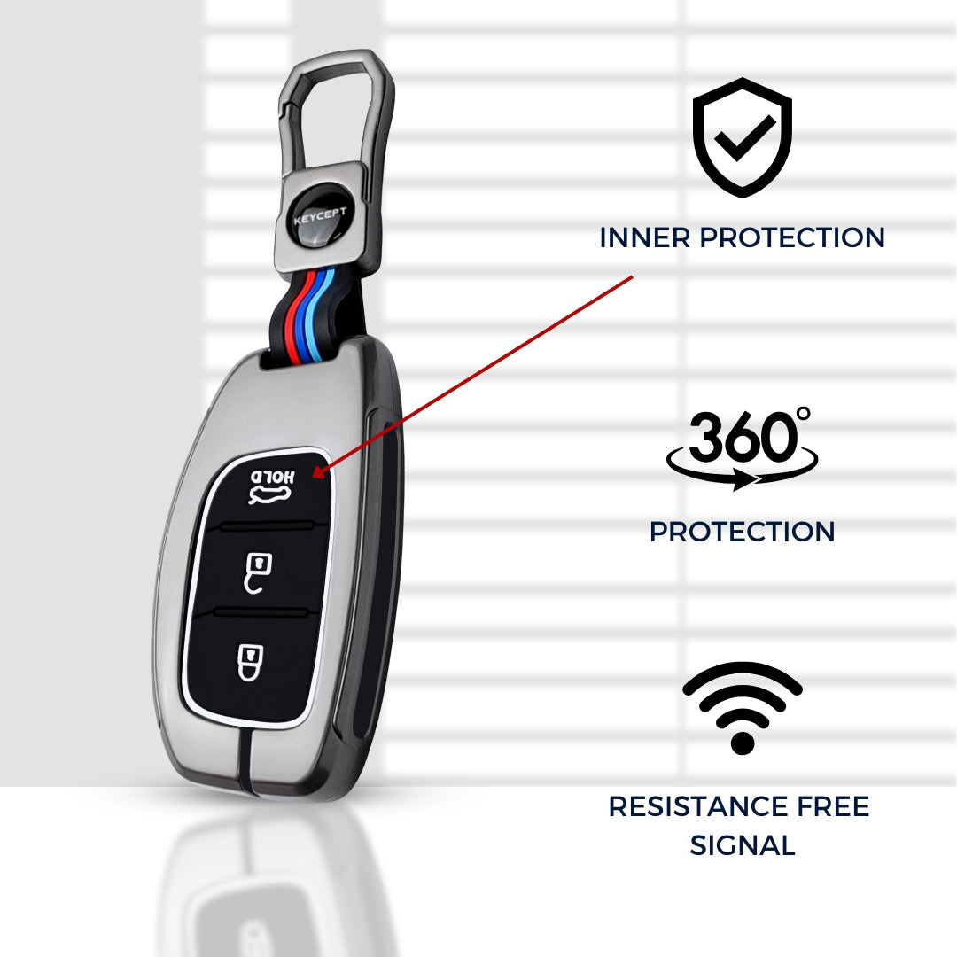 Keycept Metal Alloy Car Key Cover for Hyundai Grand i10 NIOS Asta, Venue, i20, Aura, Creta, Elantra - 3 Button Smart Key Cover with Keychain (Dual Black & Tan)