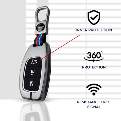 Keycept Metal Alloy Car Key Cover for Hyundai Grand i10 NIOS Asta, Venue, i20, Aura, Creta, Elantra - 3 Button Smart Key Cover with Keychain (Dual Black & Tan)