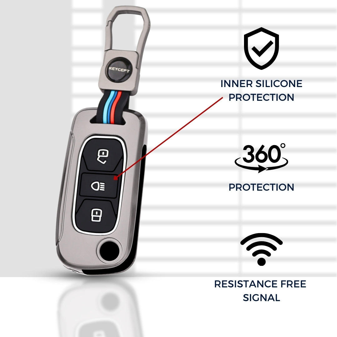 Keycept Metal Alloy Car Key Cover for Tata Tigor, Bolt, Nexon, Hexa, Zest, Tiago, Punch, Safari, Altroz, Storme 3 button Flip Key Cover with Keychain (Type M1)