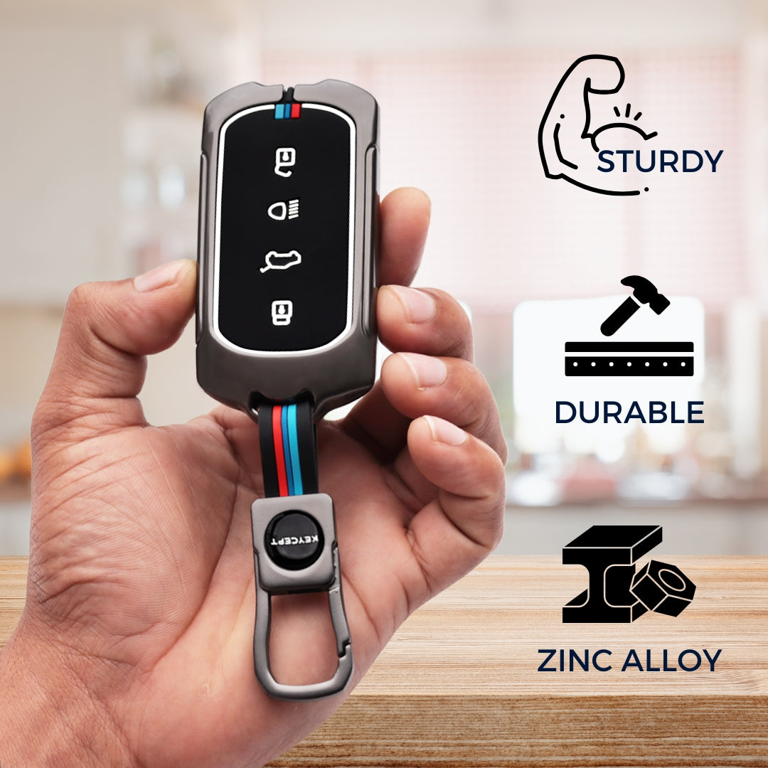 Keycept Metal Alloy Car Key Cover for Tata Curvv, Curvv EV Smart Key Cover with Keychain (Dual Black & Tan)