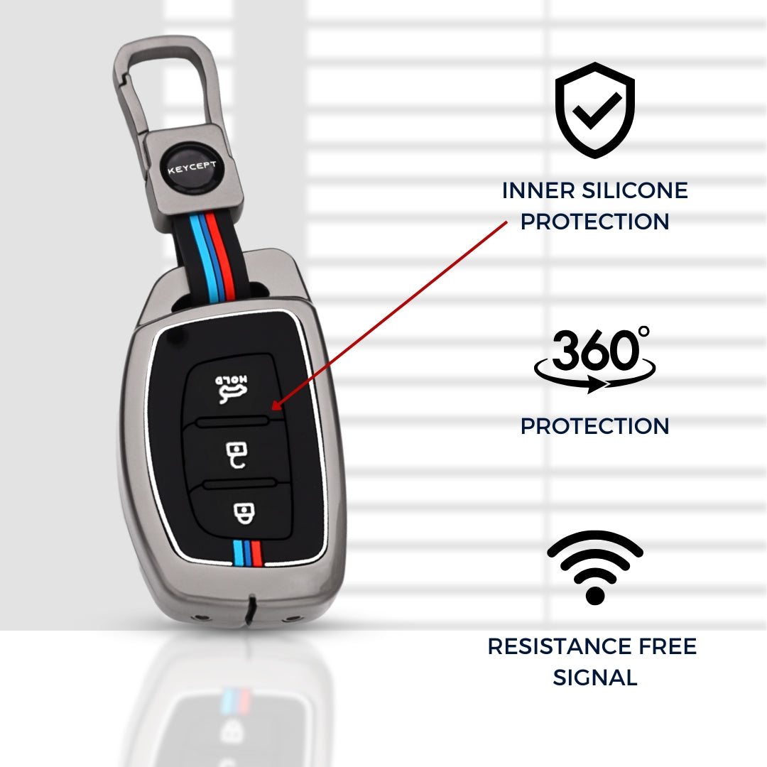 Keycept Metal Alloy Car Key Cover for Hyundai Grand i10 NIOS Asta, Venue, i20, Aura, Creta, Elantra Key Cover with Keychain
