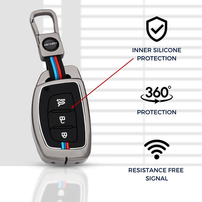 Keycept Metal Alloy Car Key Cover for Hyundai Grand i10 NIOS Asta, Venue, i20, Aura, Creta, Elantra Key Cover with Keychain
