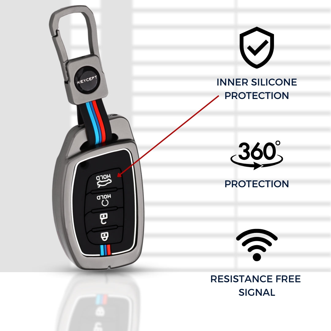 Keycept Metal Alloy Car Key Cover for Hyundai Alcazar, Creta, Tucson Key Cover with keychain