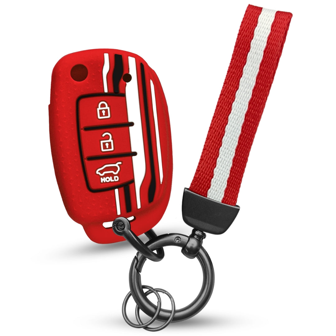 Keycept Tristar Silicone Car Key Cover for Hyundai Creta, Venue, Aura, i20, Grand i10 Nios, Xcent 3 Button Flip Key with Keychain (Type K7)