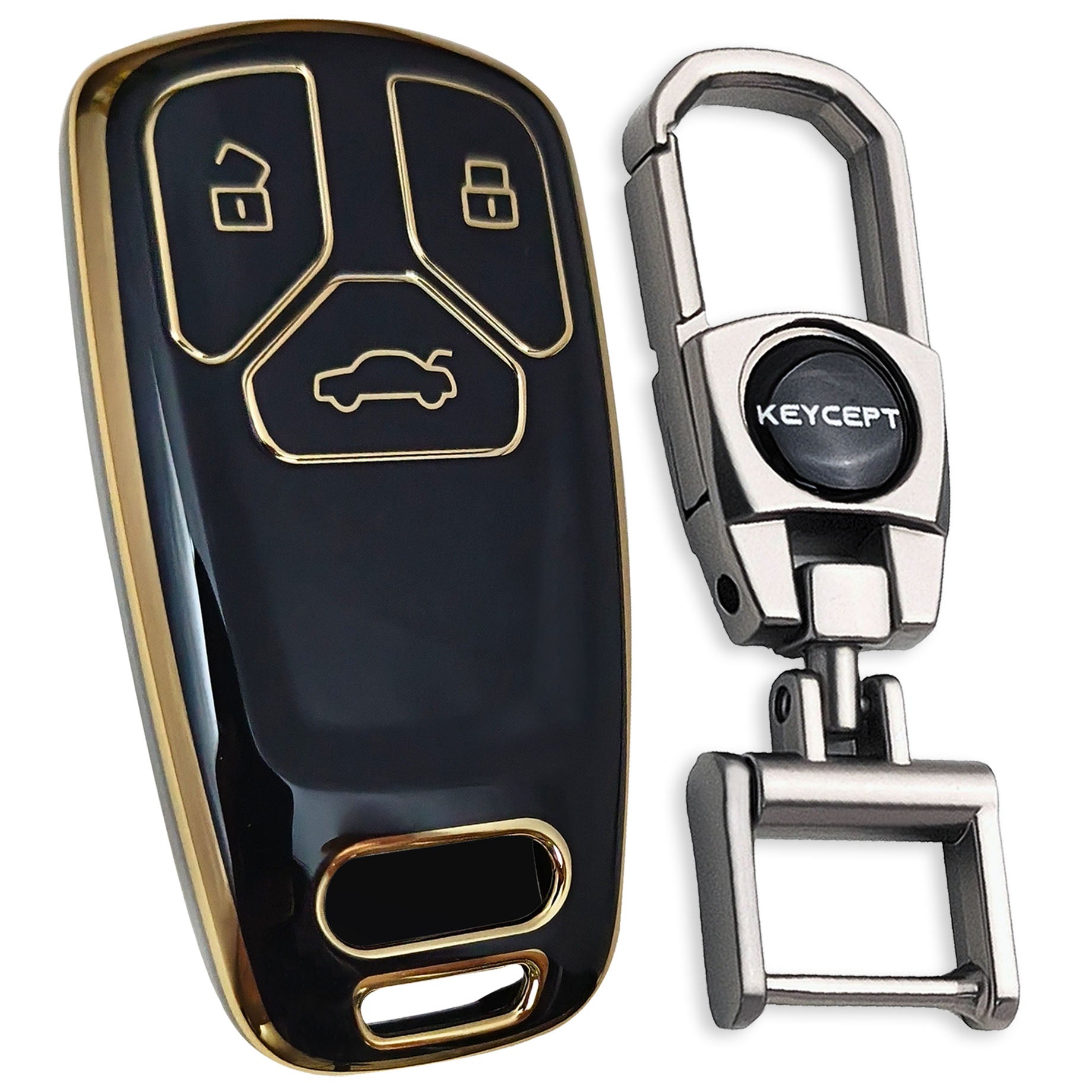 Black Gold Line TPU Key Cover for Audi A4, S4, B7, B8, A6, A5, A7, A8, Q5, S5, S6 & Q7 3 button smart key With Keychain