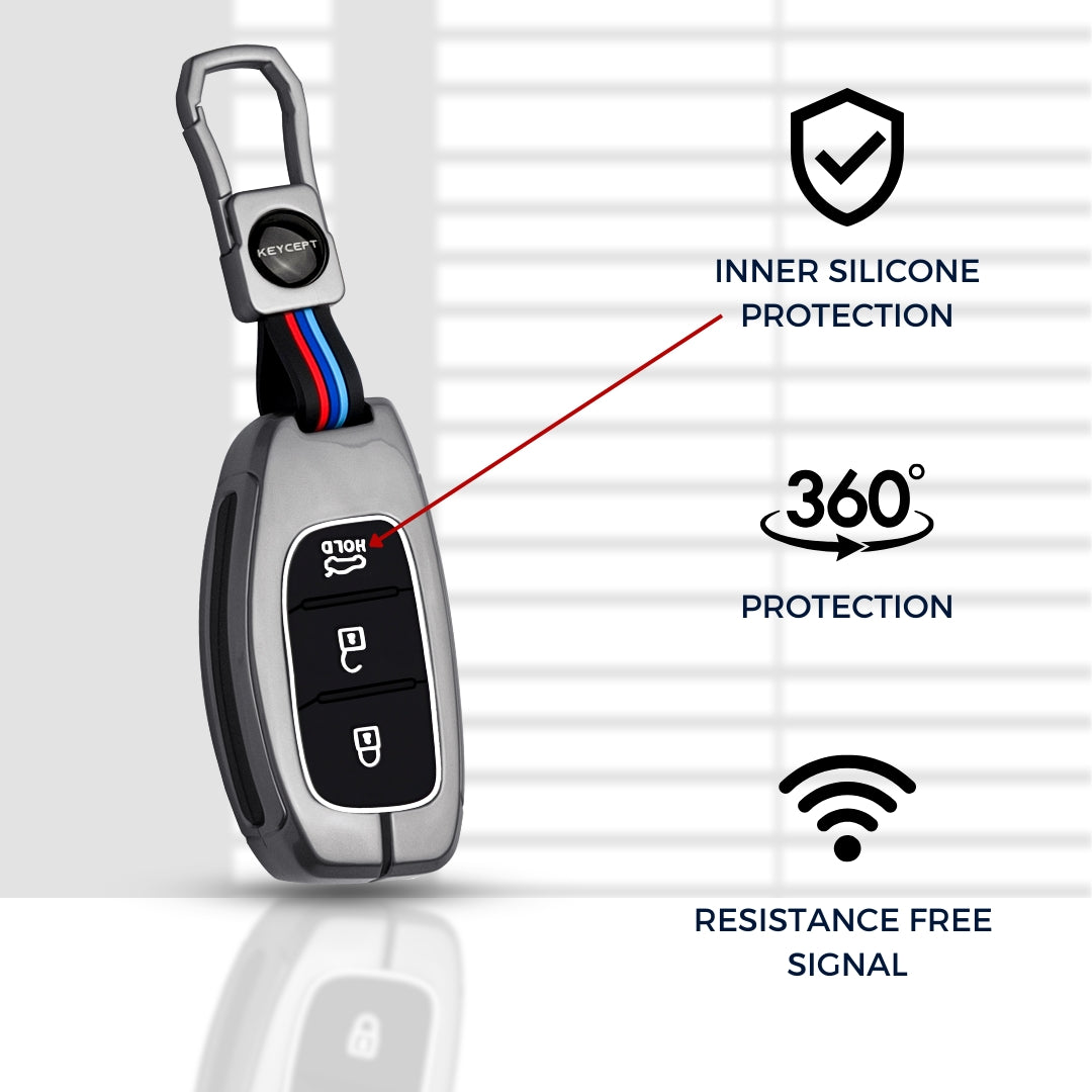 Keycept Metal Alloy Car Key Cover for Hyundai Grand i10 NIOS Asta, Venue, i20, Aura, Creta, Elantra Key Cover with Keychain