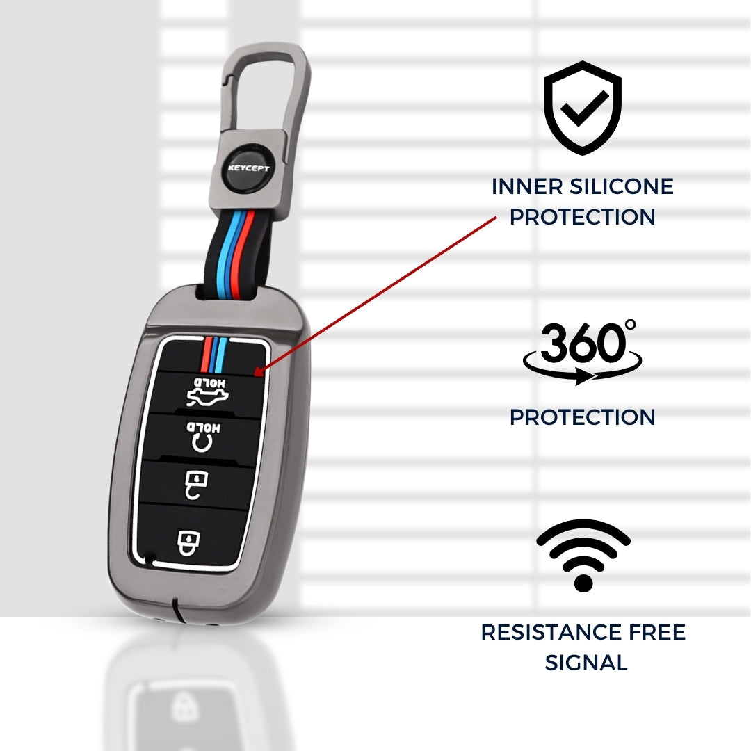 Keycept Metal Alloy Car Key Cover for Kia Seltos, Sonet, Carens 4 Button Smart Key with Keychain (Dual Black & Tan)