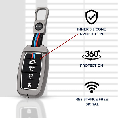 Keycept Metal Alloy Car Key Cover for Kia Seltos, Sonet, Carens 4 Button Smart Key with Keychain (Dual Black & Tan)
