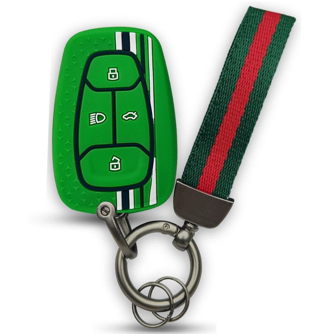 Green TriStar Silicone Key Cover for Tata Nexon, Altroz, Harrier, Tigor, Punch, EV, Safari 2021 Smart Key with Keychain