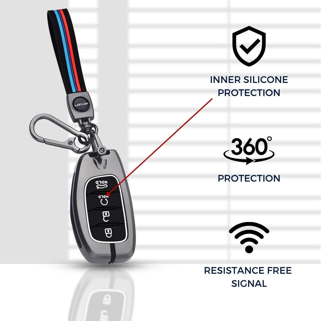 Keycept Metal Alloy Key Cover Compatible with Hyundai Alcazar, Creta, Tucson - 4 Button Smart Key Cover with Keychain