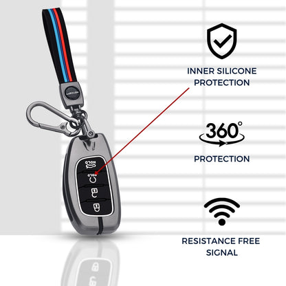 Keycept Metal Alloy Key Cover Compatible with Hyundai Alcazar, Creta, Tucson - 4 Button Smart Key Cover with Keychain