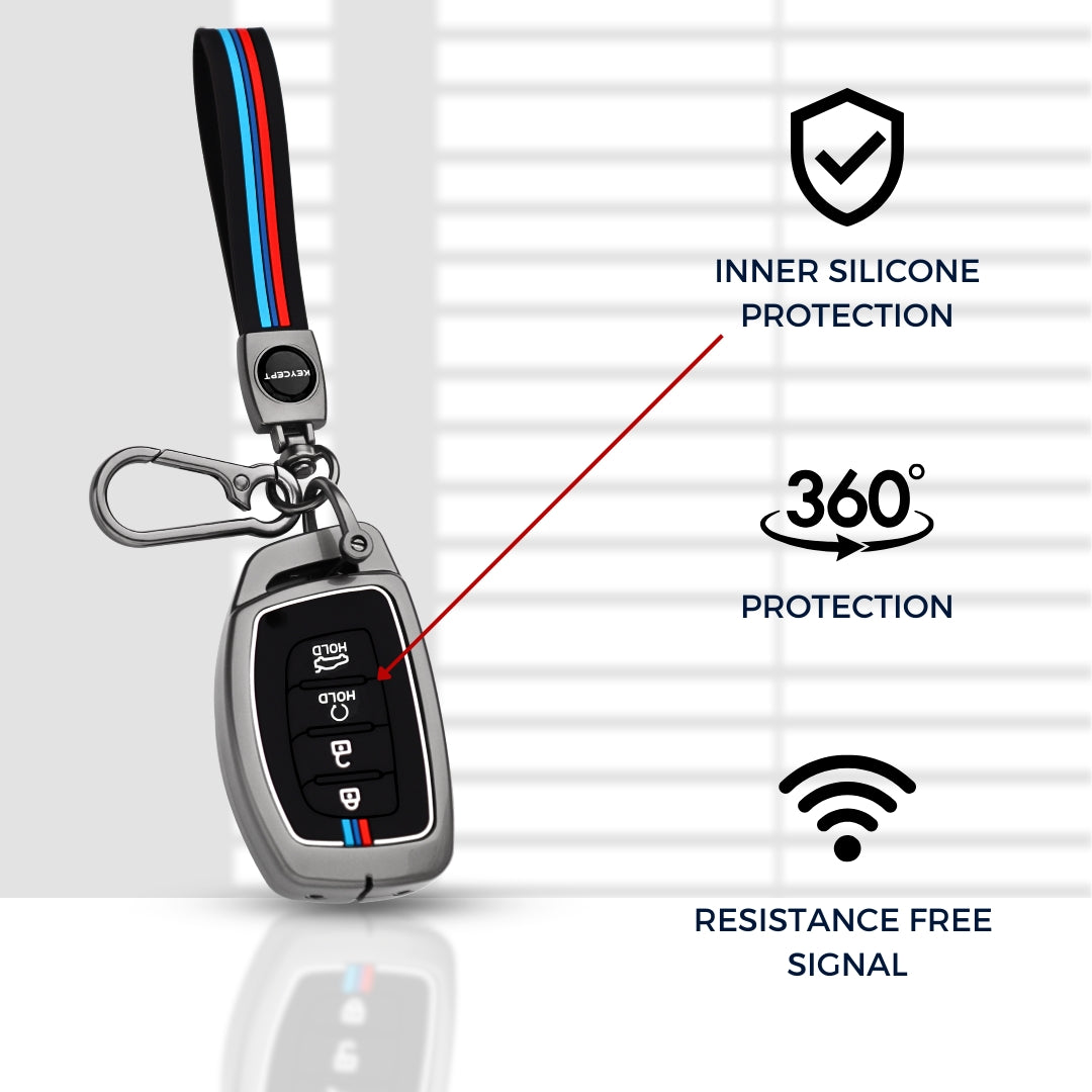 Keycept Metal Alloy Key Cover Compatible with Hyundai Alcazar, Creta, Tucson - 4 Button Smart Key Cover with Keychain