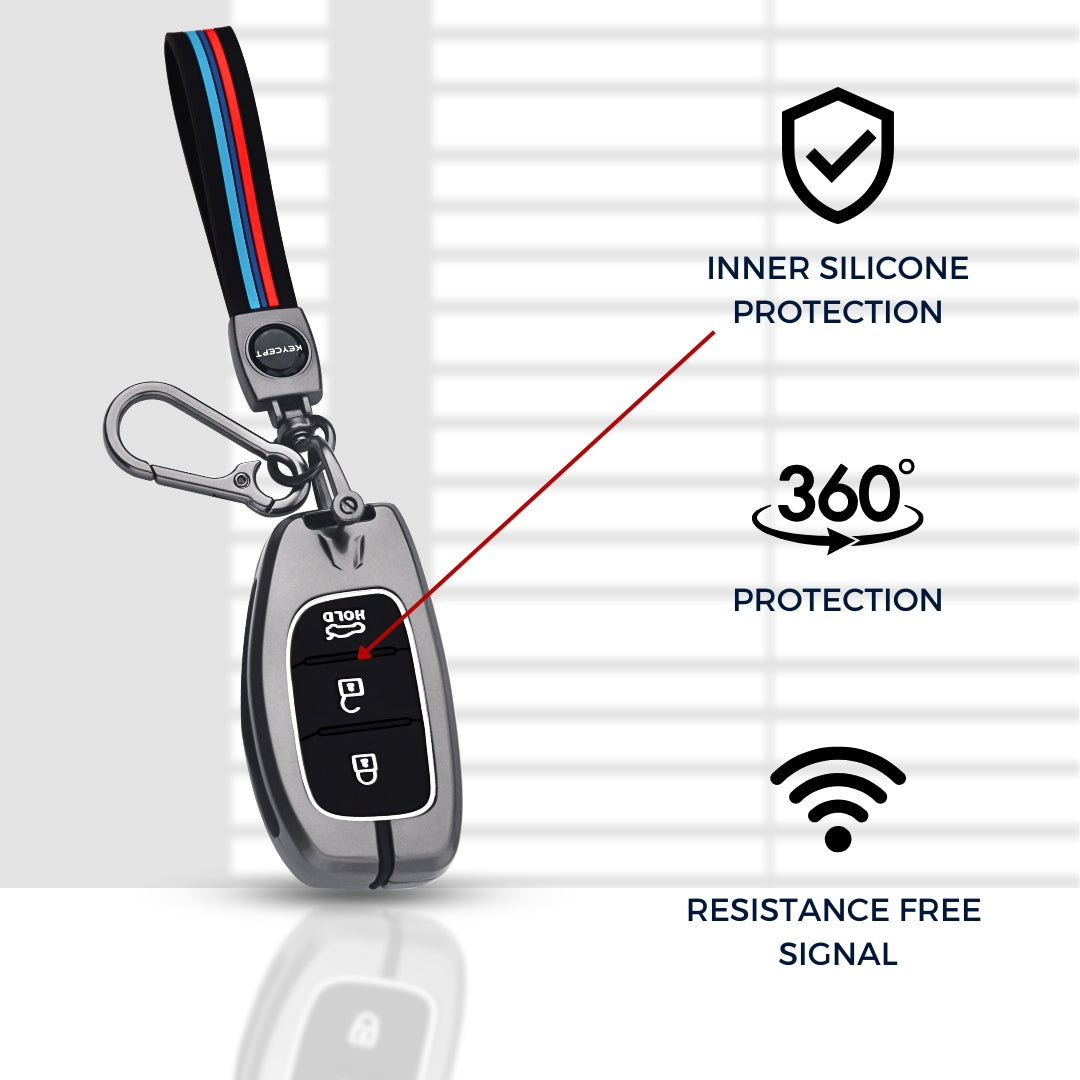 Keycept Metal Alloy Key Cover Compatible with Grand i10 NIOS Asta, Venue, i20, Aura, Creta, Elantra with - 3 Button Smart Key with Keychain