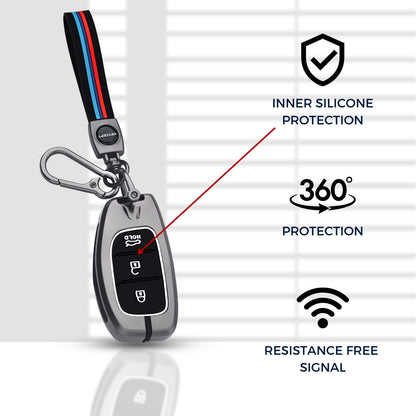 Keycept Metal Alloy Key Cover Compatible with Grand i10 NIOS Asta, Venue, i20, Aura, Creta, Elantra with - 3 Button Smart Key with Keychain