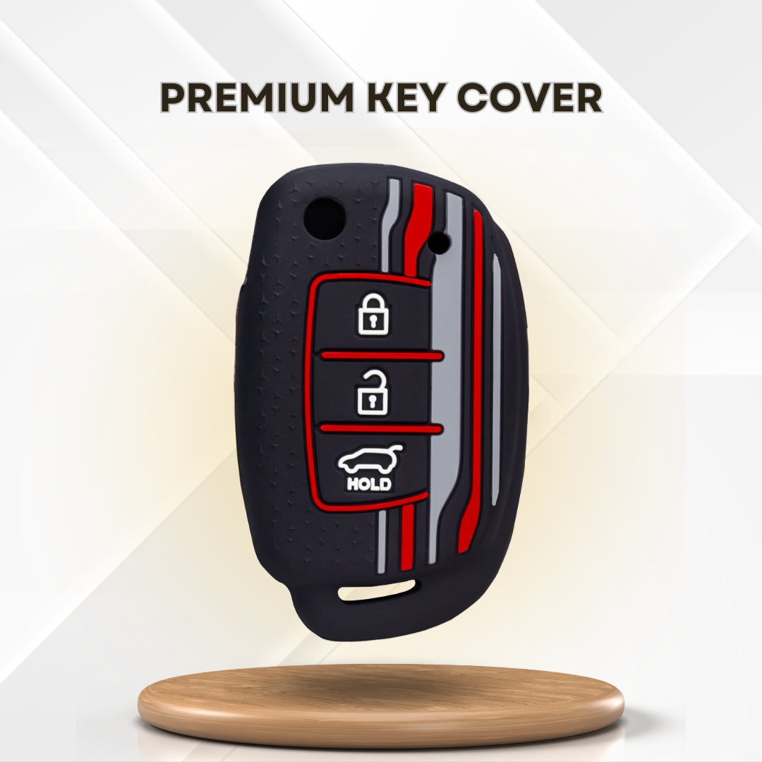 Keycept Tristar Silicone Car Key Cover for Hyundai Creta, Venue, Aura, i20, Grand i10 Nios, Xcent 3 Button Flip Key with Keychain (Type K2)
