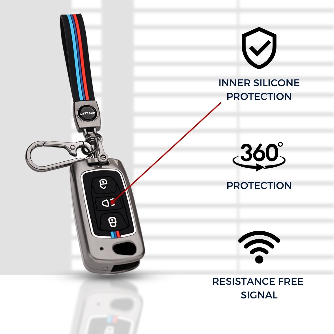 Tata Metal Alloy Key Cover Compatible with Tata Tigor, Bolt, Nexon, Hexa, Zest, Tiago, Punch, Safari, Altroz, Storme - 3 Button Flip Key Cover with Keychain