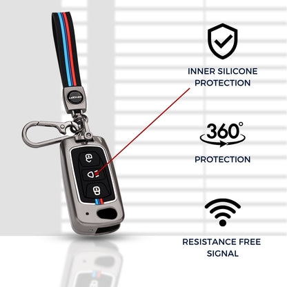 Tata Metal Alloy Key Cover Compatible with Tata Tigor, Bolt, Nexon, Hexa, Zest, Tiago, Punch, Safari, Altroz, Storme - 3 Button Flip Key Cover with Keychain
