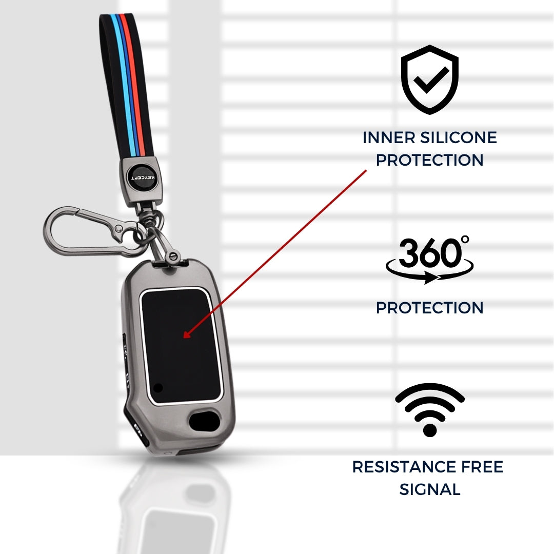 Keycept Metal Alloy Key Cover Compatible with Kia Seltos, Sonet, Carens - 3 Button Flip Key with Keychain