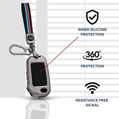 Keycept Metal Alloy Key Cover Compatible with Kia Seltos, Sonet, Carens - 3 Button Flip Key with Keychain