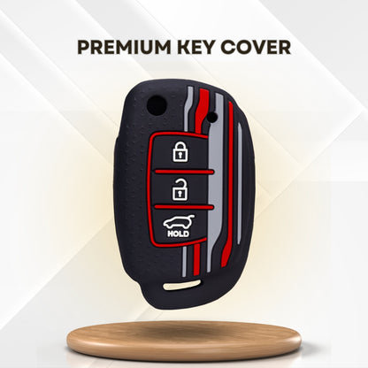 Keycept Tristar Silicone Car Key Cover for Hyundai Creta, Venue, Aura, i20, Grand i10 Nios, Xcent 3 Button Flip Key with Keychain (Type K5)