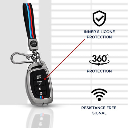 Keycept Metal Alloy Key Cover Compatible with Hyundai Alcazar, Creta, Tucson - 4 Button Smart Key Cover with Keychain