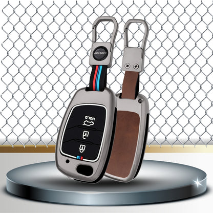 Keycept Metal Alloy Car Key Cover for Hyundai Creta, Venue, Aura, i20, Grand i10 Nios, Xcent Key Cover with Keychain (Black And Tan)
