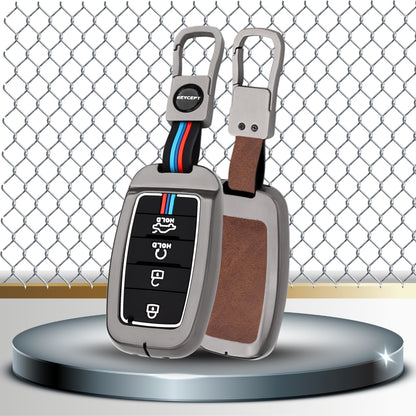 Keycept Metal Alloy Car Key Cover for Kia Seltos, Sonet, Carens 4 Button Smart Key with Keychain (Dual Black & Tan)
