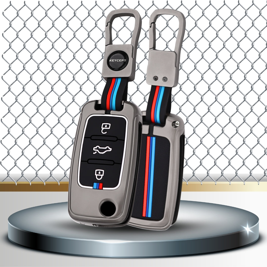 Keycept Metal Alloy Car Key Cover for Skoda/ Volkswagen Polo, Vento, Jetta, Ameo, Passat, Rapid Laura Superb Octavia, Fabia, Yeti 3 button Flip key  Cover with Keychain ( Type M1 )
