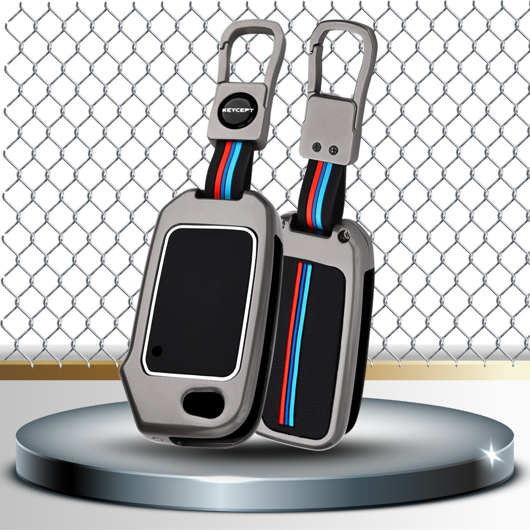 Keycept Metal Alloy Car Key Cover for Kia Seltos, Sonet, Carens 3 Button Flip Key Cover with Keychain (Type M1)