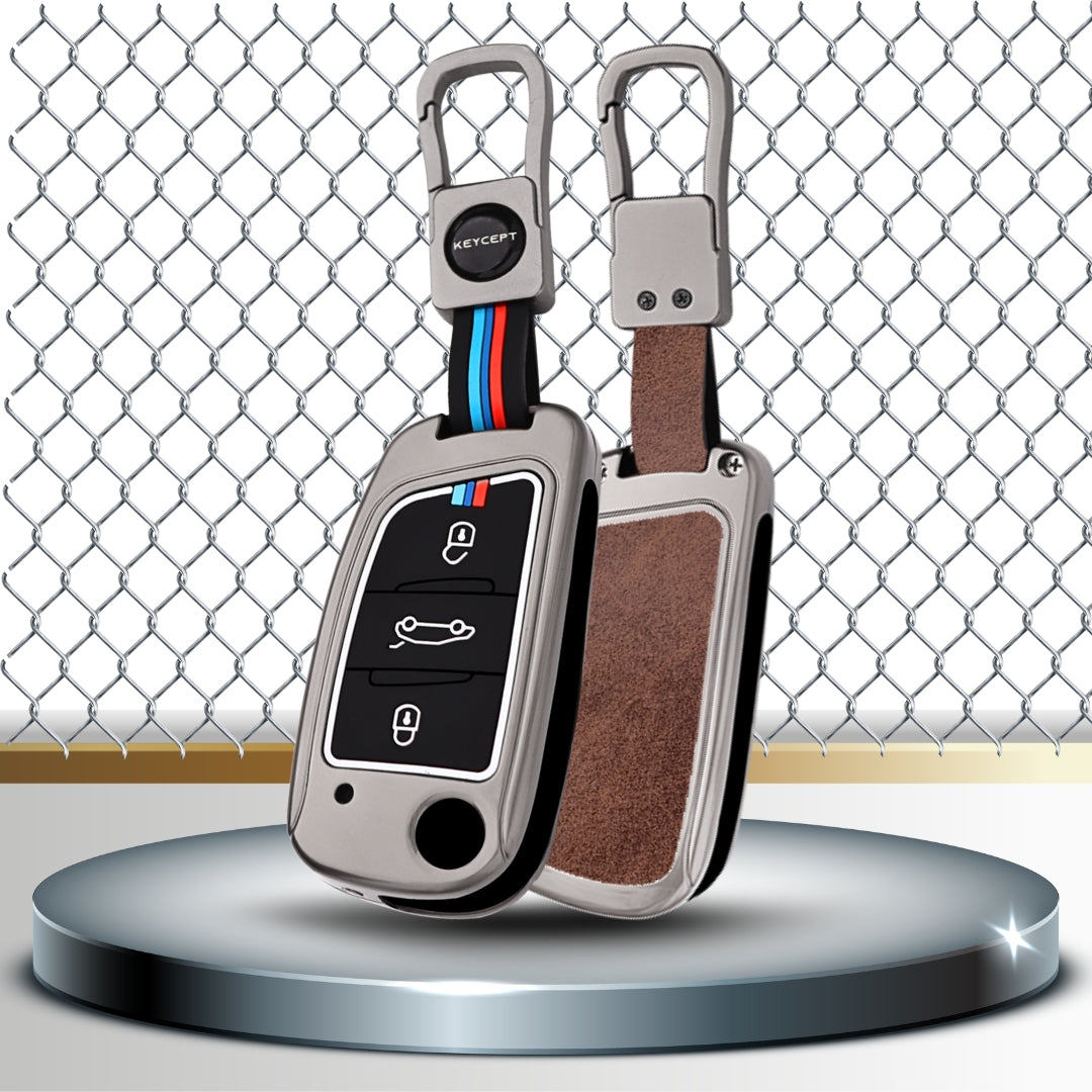 Keycept Metal Alloy Car Key Cover for Universal B11 DS aftermarket remote Key Cover with Keychain (Dual Black & Tan)